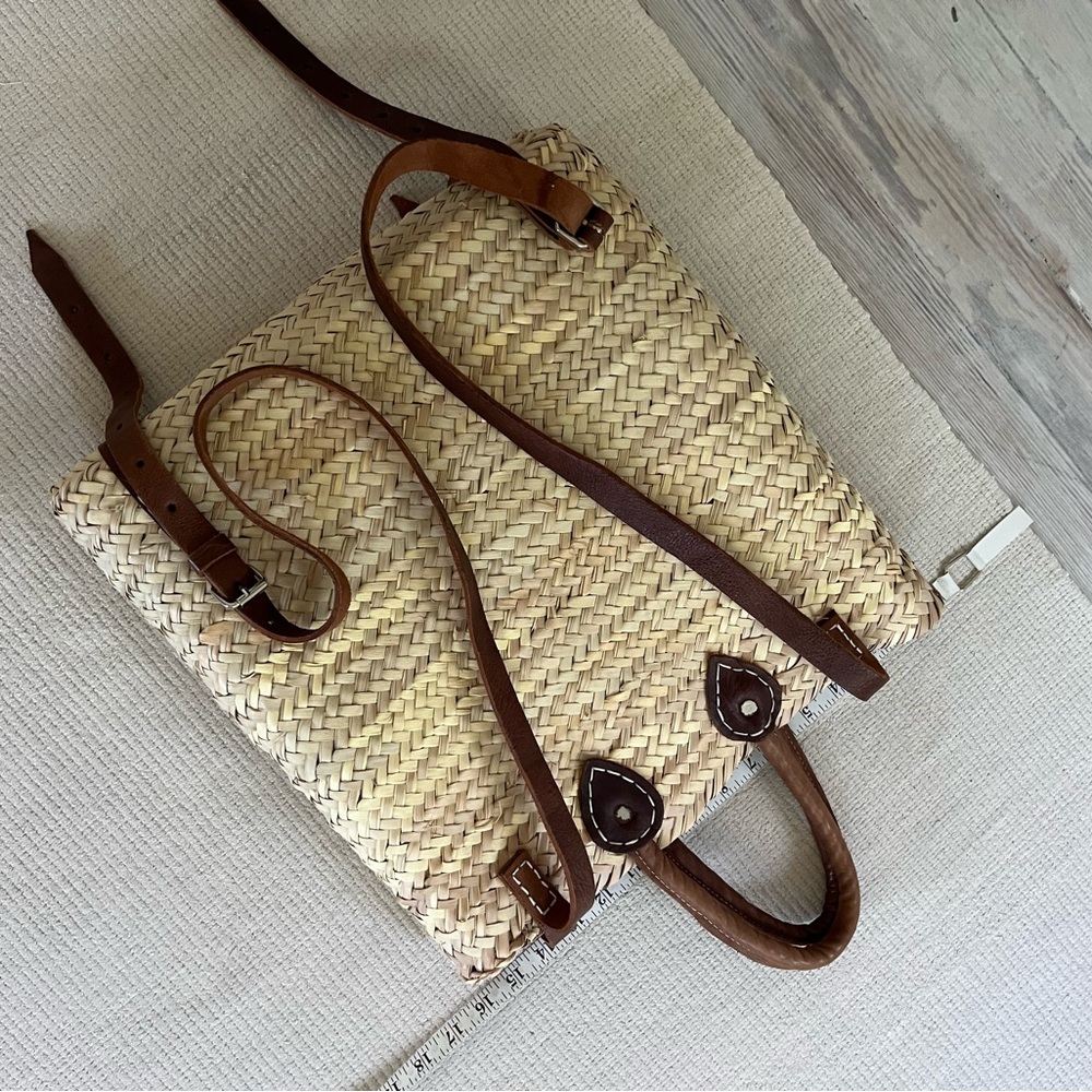 Woven Straw Backpack Tote with Brown Leather Straps - Picture 11 of 11